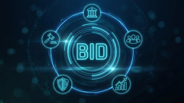 Neon blue bid word with business auction and commerce icons on dark background