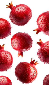 Multiple fresh red pomegranates with water droplets in a seamless pattern, isolated on a white background, concept of freshness
