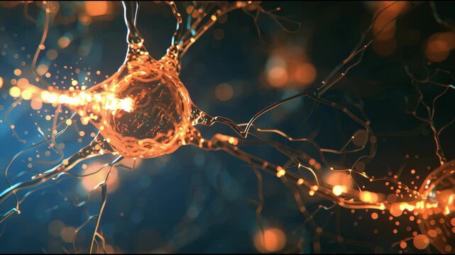 Neurons display activity as they connect with each other, sending signals through their networks. The setting highlights microscopic connections.