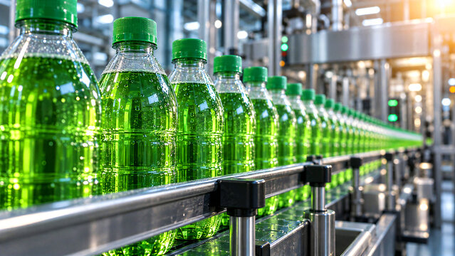 Beverage bottling plant production line with green drink bottles