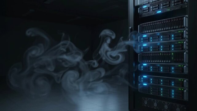 Conceptual video of a server rack overheating with smoke in a dark data center