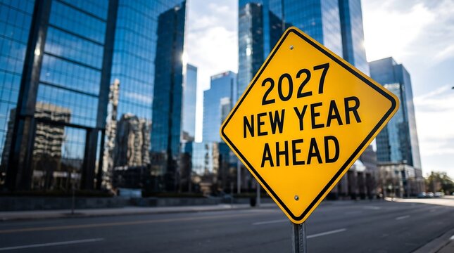 Yellow road sign displaying 2027 new year ahead with a blurred cityscape in the background
