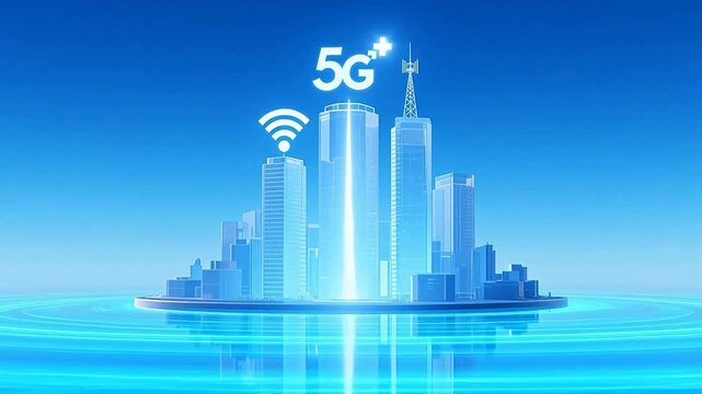 Futuristic blue city with 5g and wi-fi icons