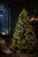 Fototapeta premium Elegant Christmas tree glowing inside a dark vintage mansion