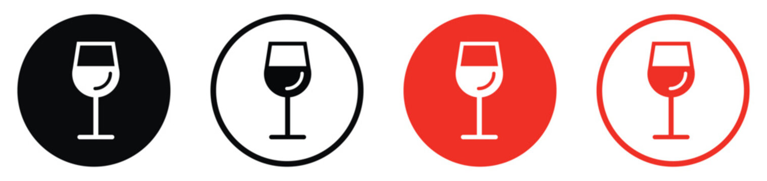 Wine glass icon vector set, drink glass symbol in black and red round badges, clean flat vector design for restaurant logos, beverage menu icons, and mobile app UI elements.