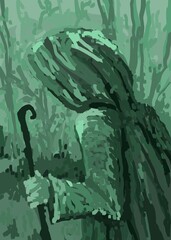Green figure with a cane. The picture is painted by hand on a tablet. © neurostructure
