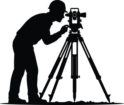Silhouette of land surveyor engineer working with total station measuring equipment on tripod, construction site development illustration