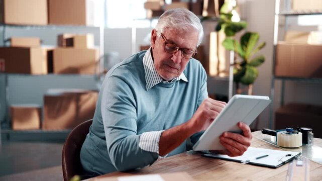 Man, tablet and reading for ecommerce startup, research and confirm order for stock control. Mature person, review and website in office with digital, inventory availability and catalog for delivery