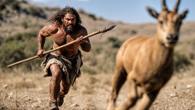 Powerful prehistoric hunter running with a primitive wooden spear during a hunt in the wild savanna, showing intense emotion and survival instinct while chasing prey in the sunlight.