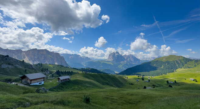 Panoramic view of the mountain. Italian Dolomites. Alpe di Cisles, Seceda Ridgeline, Dolomiti , Pieralongia, Col Raiser