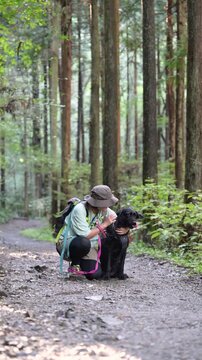 愛犬の大型犬と登山を楽しむ飼い主の全身カメラ目線で座る、森林の中アウトドアやトレッキングのレジャーイメージの縦動画