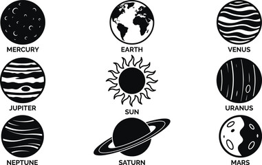 Solar system planets silhouettes, celestial space icons, astronomical galaxy symbols, educational mercury venus earth mars jupiter saturn uranus neptune illustrations © MdJafrul