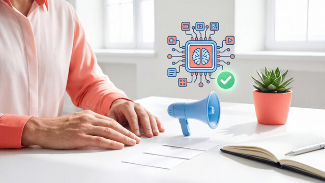 AI content marketing and generative AI advertising concept, megaphone with AI brain chip connected to video, image and article content for digital marketing automation and social media promotion