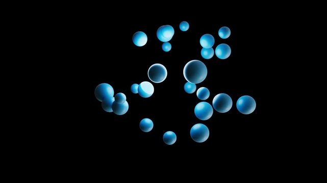 3D Abstract Blue Spheres Levitating and Floating on Black Background, Seamless looping