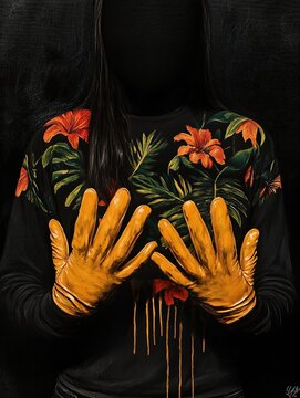 High fashion editorial portrait painting of an extravagant bohemian woman beautifully integrated with vibrant colorful flower prints wild animal textures and surreal krakelee styling