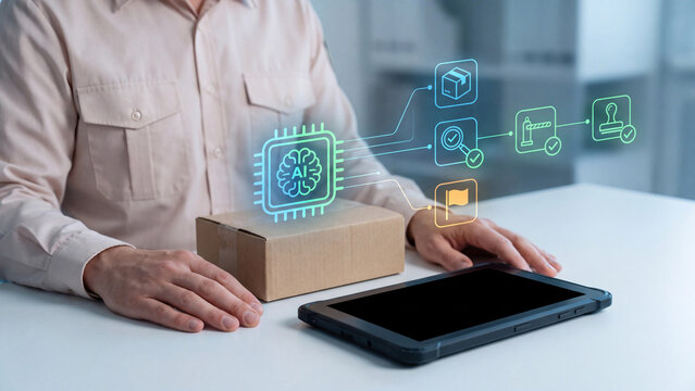 AI customs clearance and trade compliance concept, man with parcel box and tablet with AI chip linking package inspection, border checkpoint and approval stamp for import export shipping