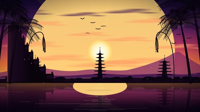 Balinese Sunset Silhouette Candi Bentar And Meru Temple Animation Loop