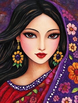 High fashion editorial portrait painting of an extravagant bohemian woman beautifully integrated with vibrant colorful flower prints wild animal textures and surreal krakelee styling