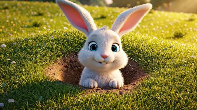 Cute 3D white easter bunny peeking out of a burrow in a sunny green meadow with flowers, playful spring animal animation