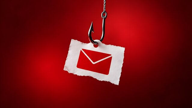 Fishing hook holding torn paper with red email envelope icon symbolizing internet phishing attack and cyber security threat
