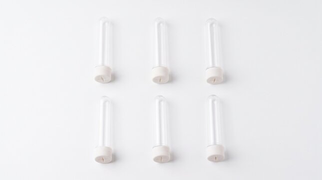 白背景に並べた透明な切り花用給水チューブ6個
