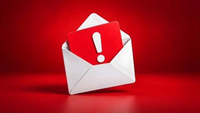Open white envelope revealing red exclamation mark card symbolizing critical email alert and security warning notification