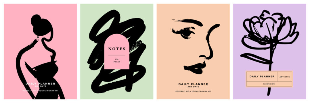 Modern Cover Design Collection with Hand Drawn Fashion, Woman and Botanical Illustrations. Stylish templates for planners, journals, notebooks, stationery, social media and lifestyle branding.