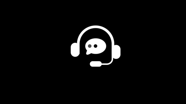 Customer support headset icon animation with chat bubble for help, service and communication on black background