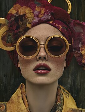 High fashion editorial portrait painting of an extravagant bohemian woman beautifully integrated with vibrant colorful flower prints wild animal textures and surreal krakelee styling