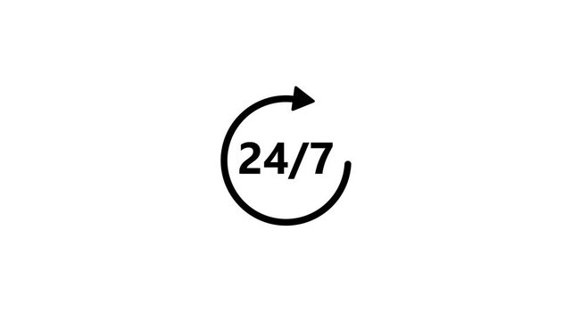 24 hours 7 days clock timer icon animation for all-time service on white background,