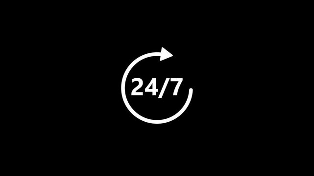 24/7 clock timer icon animation for continuous service and all-day availability on black background
