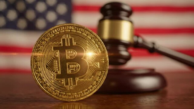 Bitcoin regulation and us law: gold cryptocurrency coin with judicial gavel and american flag background