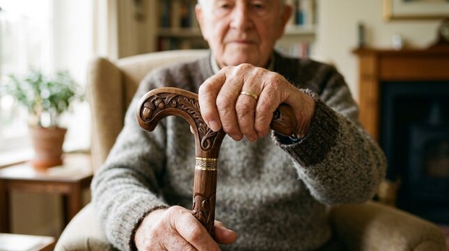 Elderly Man Holding Cane in Armchair, Senior Age, Support, Comfort