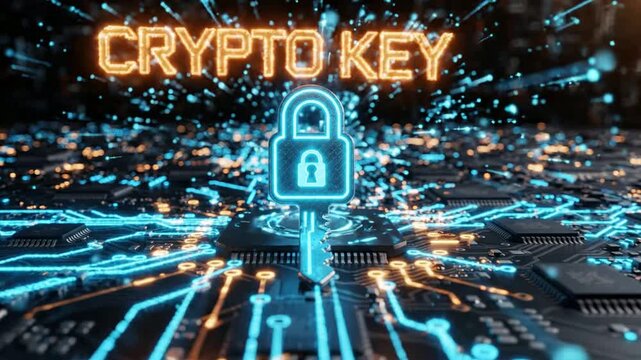 Crypto key digital security concept: glowing cyber lock and key animation on futuristic circuit board background