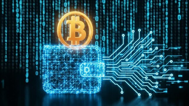 Bitcoin digital wallet concept: cryptocurrency transaction and blockchain security animation with binary code background