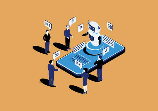 Isometric AI Mobile Assistant Vector Illustration - Chatbot Application on Smartphone with Business People Communicating via Speech Bubbles on Orange Background