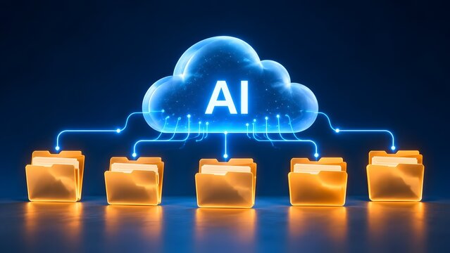 Glowing artificial intelligence cloud connecting to digital folders representing automated data storage and information network