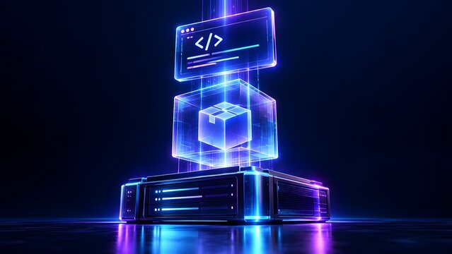 Holographic programming code and 3d box floating above modern server rack representing software development and cloud computing