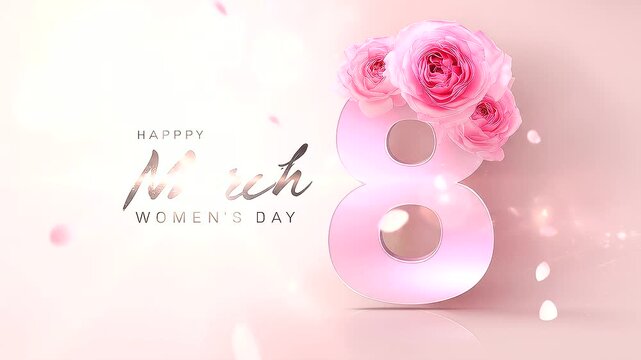 Wide horizontal Women&rsquo;s Day March 8 flat vector greeting, pale blush pink background, large negative space, white typography at top center, delicate floral accents, minimalist feminine design, Interna
