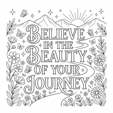 Line art coloring page featuring an inspirational quote surrounded by flowers butterflies