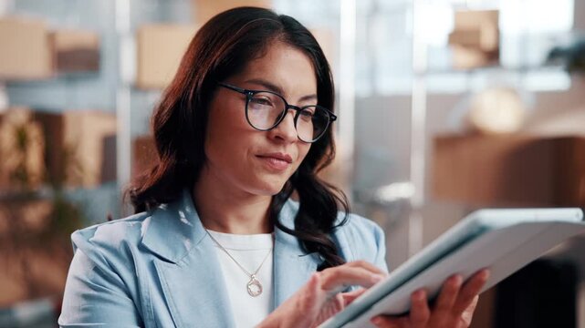 Woman, reading and ecommerce startup with tablet, research and confirm order for stock control. Person, coworking and website in storage with digital, inventory availability and catalog for delivery