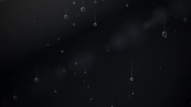 Subtle motion graphic video displaying clear translucent water droplets or bubbles gently floating against a dark atmospheric background, creating a calm liquid overlay effect