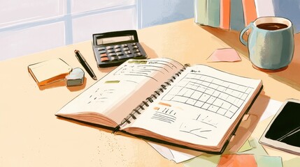 Obraz premium Soft-toned digital illustration of a budget tracker spread featuring budgeting sections, category charts, and notes