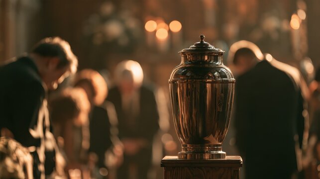 Solemn tribute: urn in foreground, distant mourners and candles at a memorial gathering