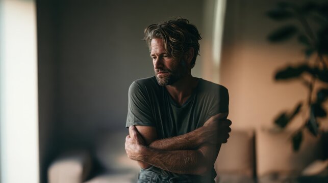 Solitary man embraces himself in a minimalist room, conveying introspection and inner tension