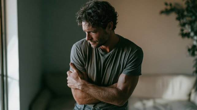 Solitary man embraces himself in a minimalist room, conveying introspection and inner tension