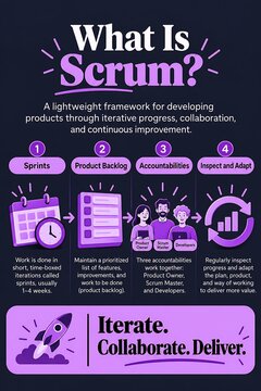 Scrum infographic with sprints backlog and team collaboration