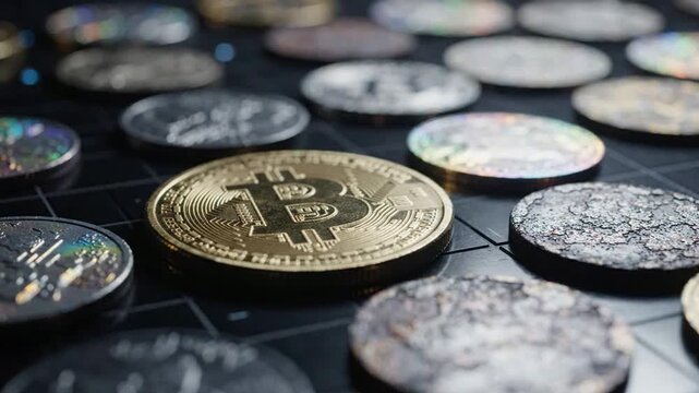 Golden bitcoin cryptocurrency coin surrounded by digital tokens on dark grid background, for financial technology, and blockchain concepts