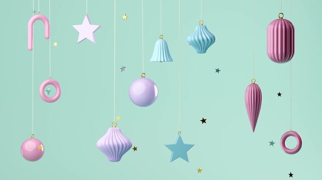 Pastel christmas ornaments gently swinging on mint seamless loop
