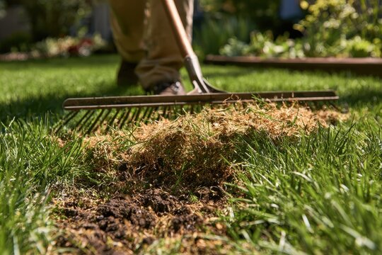 Spring lawn dethatching with a garden rake in a sunlit yard